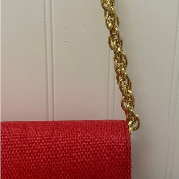 Vintage RODO Italy Red Clutch | Silk-Linen Purse, Brass Clasp + Chain Strap - Picture 10 of 13
